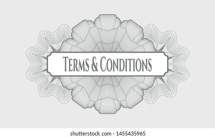 Grey passport money rosette with text Terms & Conditions inside
