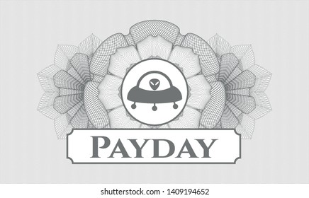 Grey passport money rosette with ufo with aline inside icon and Payday text inside