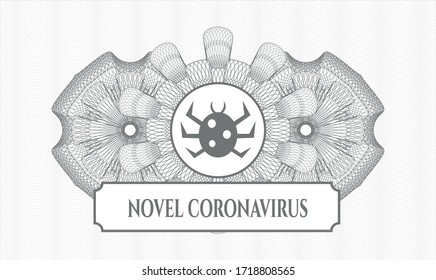 Grey passport money rosette. Vector Illustration. Detailed with bug icon and Novel Coronavirus text inside