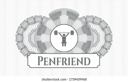 Rosette con dinero del pasaporte gris. Ilustración vectorial. Detallado con ícono de levantador de pesas y texto de Penfriend dentro