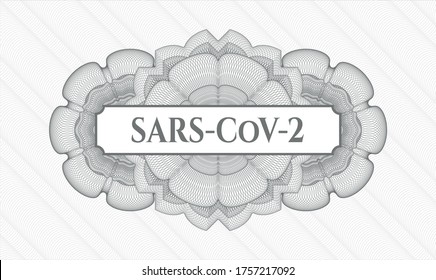 Grey passport money rosette. Vector Illustration. Detailed with text SARS-CoV-2 inside