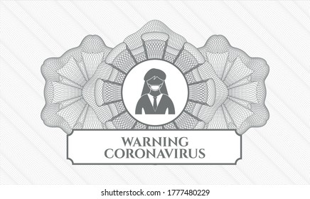 Grey passport money rosette. Vector Illustration. Detailed with woman wearing face mask icon and Warning Coronavirus text inside