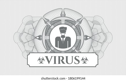 Grey passport money rosette. Vector Illustration. Detailed with man wearing face mask icon and Virus text inside