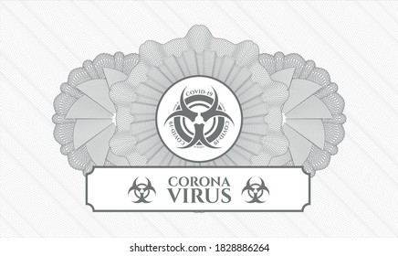 Grey passport money rosette. Vector Illustration. Detailed with biohazard covid-19 icon and Coronavirus text inside