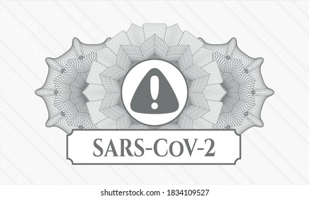 Rosette con dinero del pasaporte gris. Ilustración vectorial. Detallado con icono de advertencia y texto SARS-CoV-2 dentro