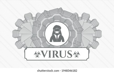 Grey passport money rosette. Vector Illustration. Detailed with woman wearing face mask icon and Virus text inside