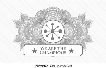Rosette con dinero del pasaporte gris. Ilustración vectorial. Detallado con el icono de la red de negocios y el texto "We are the Champions" dentro