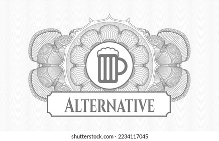Rosette con dinero del pasaporte gris. Ilustración vectorial. Detallado con el icono del frasco de cerveza y el texto alternativo dentro