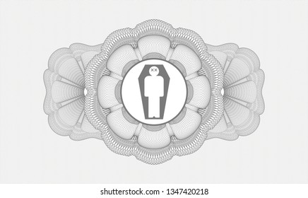 Grey passport money style rosette with dead man in his coffin icon inside