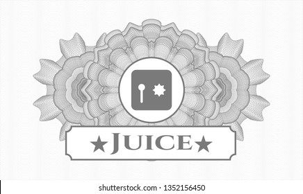 Grey passport money style rosette with safe, safety deposit box icon and Juice text inside