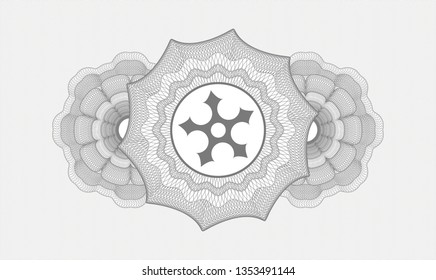 Grey passport money style rosette with ninja star icon inside