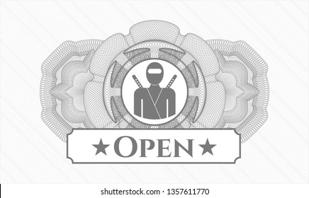 Grey passport money style rosette with ninja icon and Open text inside