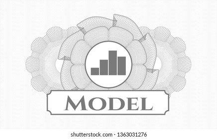 Grey passport money style rosette with chart icon and Model text inside