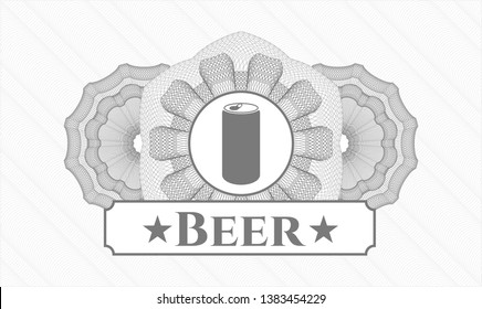 Grey passport money style rosette with soda can icon and Beer text inside