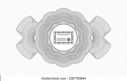 Grey passport money style rosette with certificate icon inside