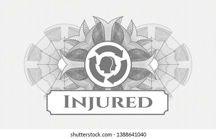 Grey passport money style rosette with brain storm icon and Injured text inside