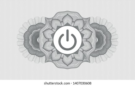 Grey passport money style rosette with power icon inside