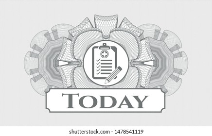 Grey passport money style rosette with clinic history icon and Today text inside