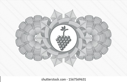 Grey passport money style rosette with bunch of grapes icon inside