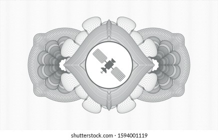 Grey passport money style rosette with satelite icon inside