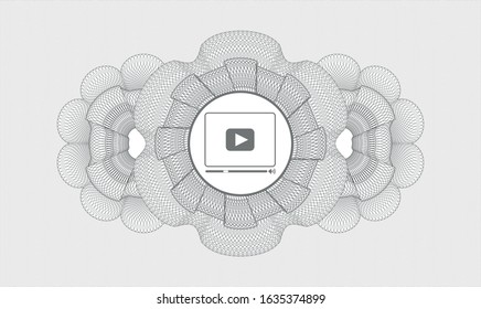 Grey passport money style rosette with video player icon inside