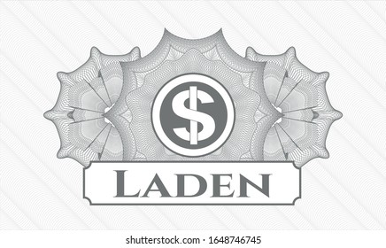 Grey passport money style rosette with money icon and Laden text inside