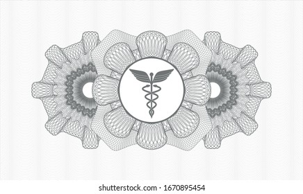 Grey passport money style rosette with Caduceus medical icon inside