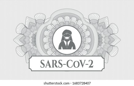 Grey passport money style rosette with woman wearing face mask icon and SARS-CoV-2 text inside