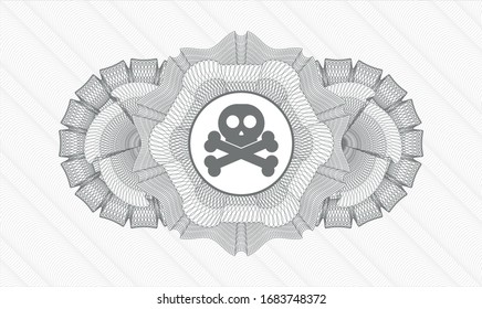 Grey passport money style rosette with crossbones icon inside