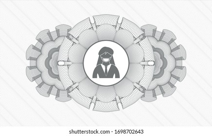 Grey passport money style rosette with woman wearing face mask icon inside