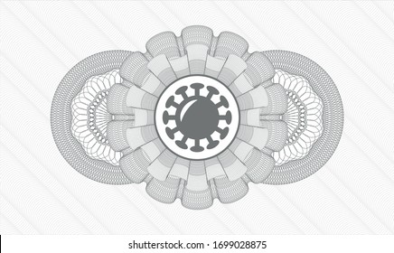 Grey passport money style rosette with coronavirus icon inside