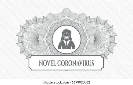 Grey passport money style rosette with woman wearing face mask icon and Novel Coronavirus text inside