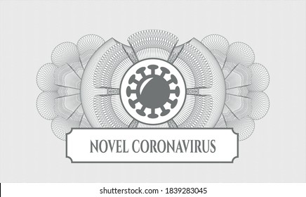 Grey passport money style rosette. Vector Illustration. Detailed with coronavirus icon and Novel Coronavirus text inside