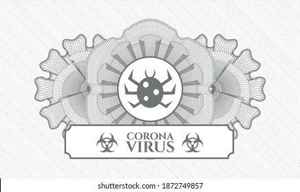 Grey passport money style rosette. Vector Illustration. Detailed with bug icon and Coronavirus text inside