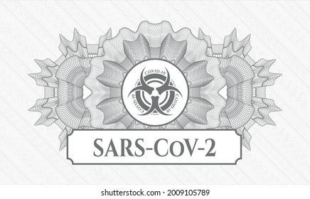 Grey passport money style rosette. Vector Illustration. Detailed with biohazard covid-19 icon and SARS-CoV-2 text inside