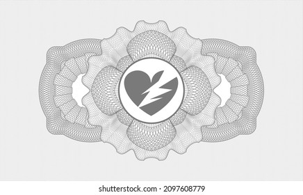Grey passport money style rosette. Vector Illustration. Detailed with broken heart icon inside