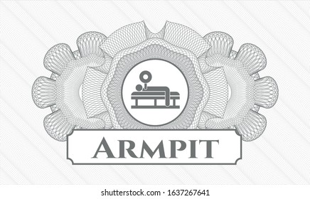 Grey passport rosette with bench press icon and Armpit text inside