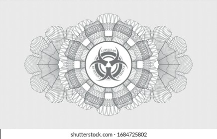 Grey passport rosette with biohazard covid-19 icon inside