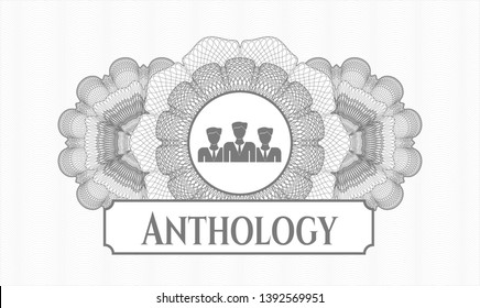 Grey passport rosette with business teamwork icon and Anthology text inside