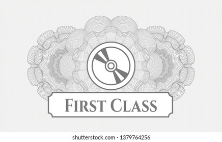 Grey passport rosette with CD disc icon and First Class text inside