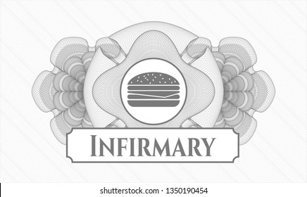 Grey passport rosette with cheeseburger icon and Infirmary text inside