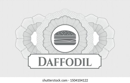 Grey passport rosette with cheeseburger icon and Daffodil text inside