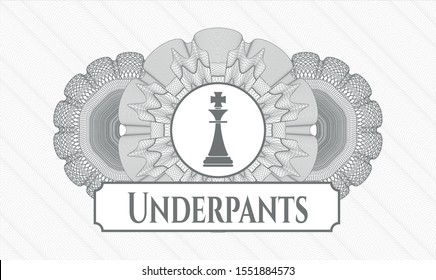 Grey passport rosette with chess king icon and Underpants text inside