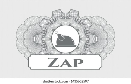 Grey passport rosette with chicken dish icon and Zap text inside