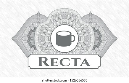 Grey passport rosette with coffee cup icon and Recta text inside