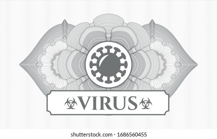 Grey passport rosette with coronavirus icon and Virus text inside