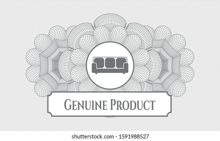 Grey passport rosette with couch icon and Genuine Product text inside