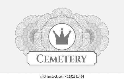 Grey passport rosette with crown icon and Cemetery text inside