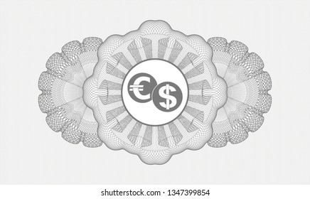 Grey passport rosette with currency exchange icon inside