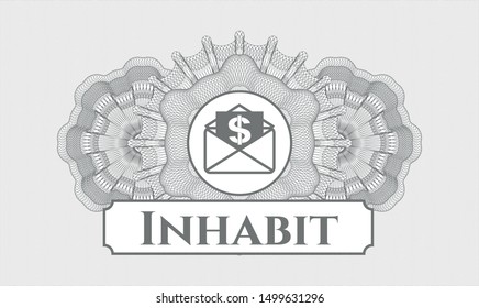Grey passport rosette with envelope with paper with money symbol inside icon and Inhabit text inside